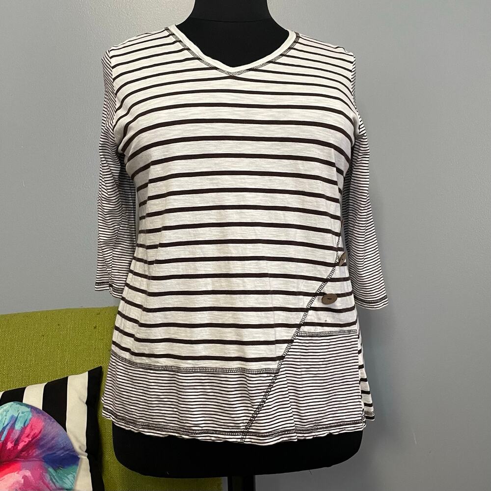 Sportelle White Brown Striped Cotton B-Neck Pullover Top 1X